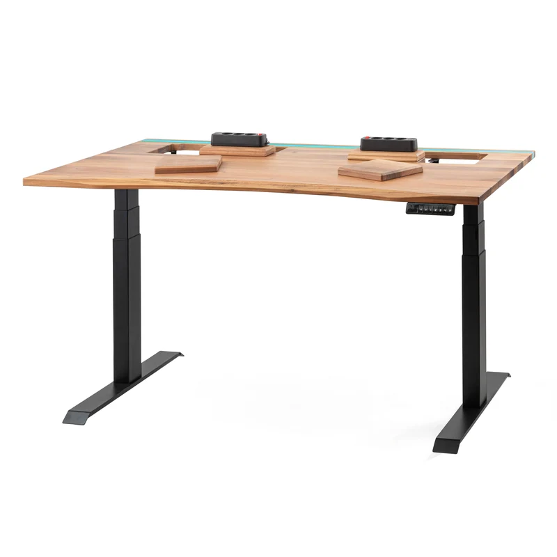 Walnut standing desk with epoxy LED light and extended cable management unit