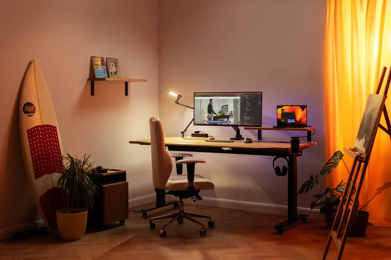Walnut standing desk with epoxy LED light and extended cable management unit