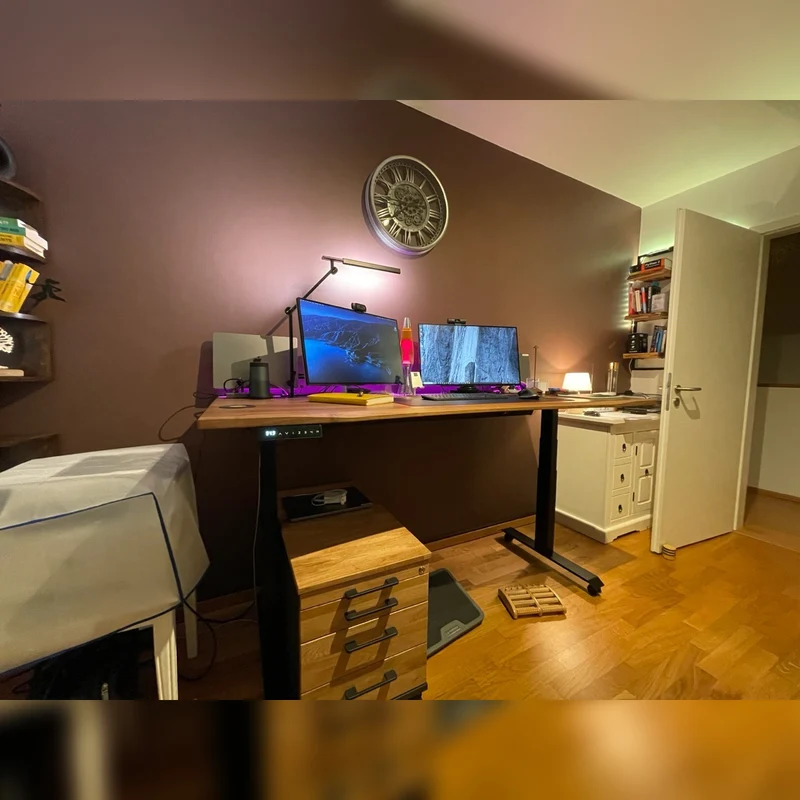 Walnut standing desk with epoxy LED light and extended cable management unit