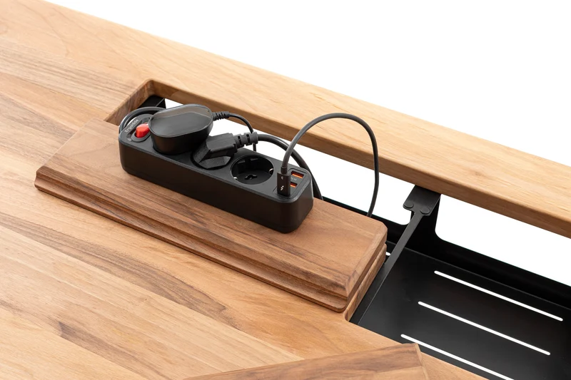 Walnut standing desk with epoxy LED light and cable management unit