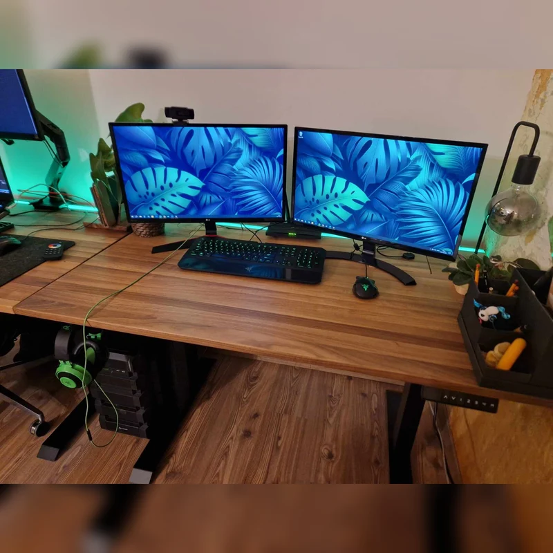 Walnut standing desk with epoxy LED light and cable management unit