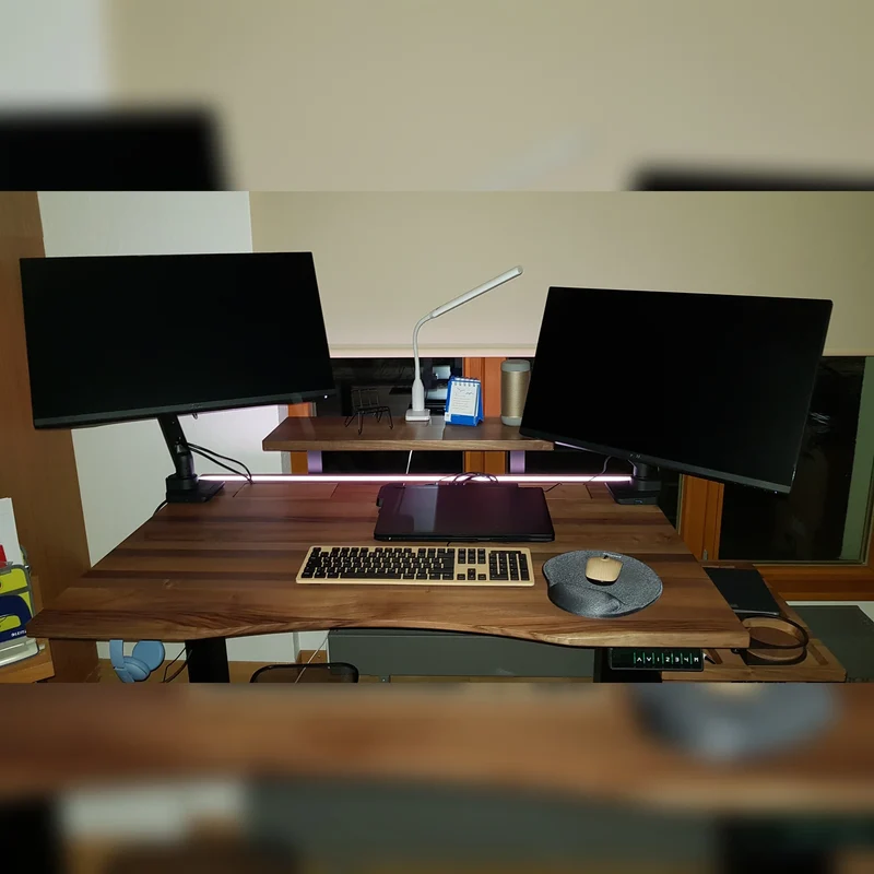 Walnut standing desk with epoxy LED light