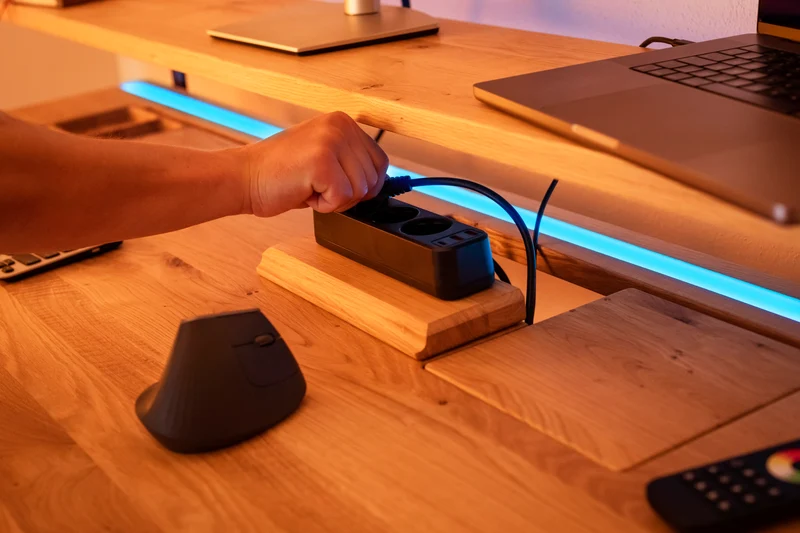 Walnut desk top with epoxy LED light and extended cable management unit