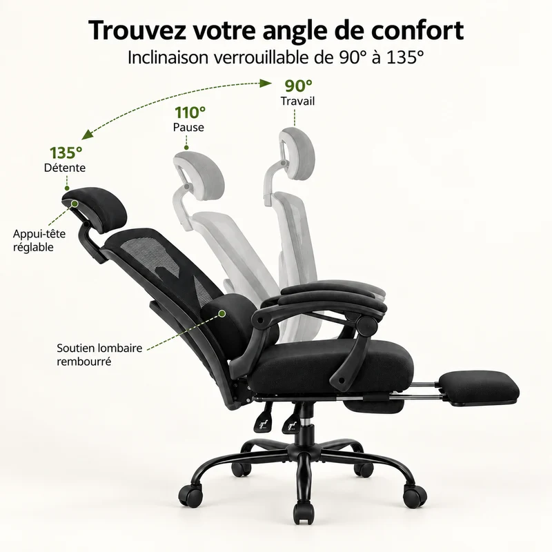 Fauteuil de bureau ergonomique inclinable 135° avec repose-pieds