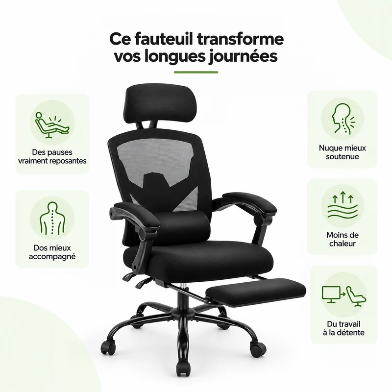 Fauteuil de bureau ergonomique inclinable 135° avec repose-pieds