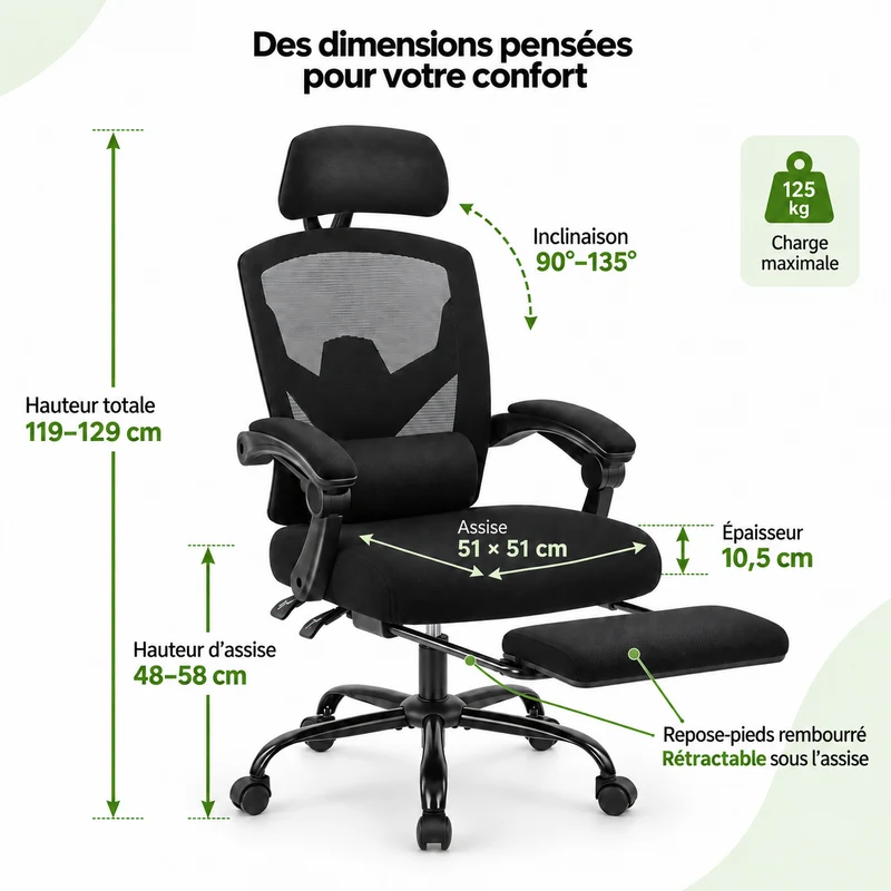 Fauteuil de bureau ergonomique inclinable 135° avec repose-pieds
