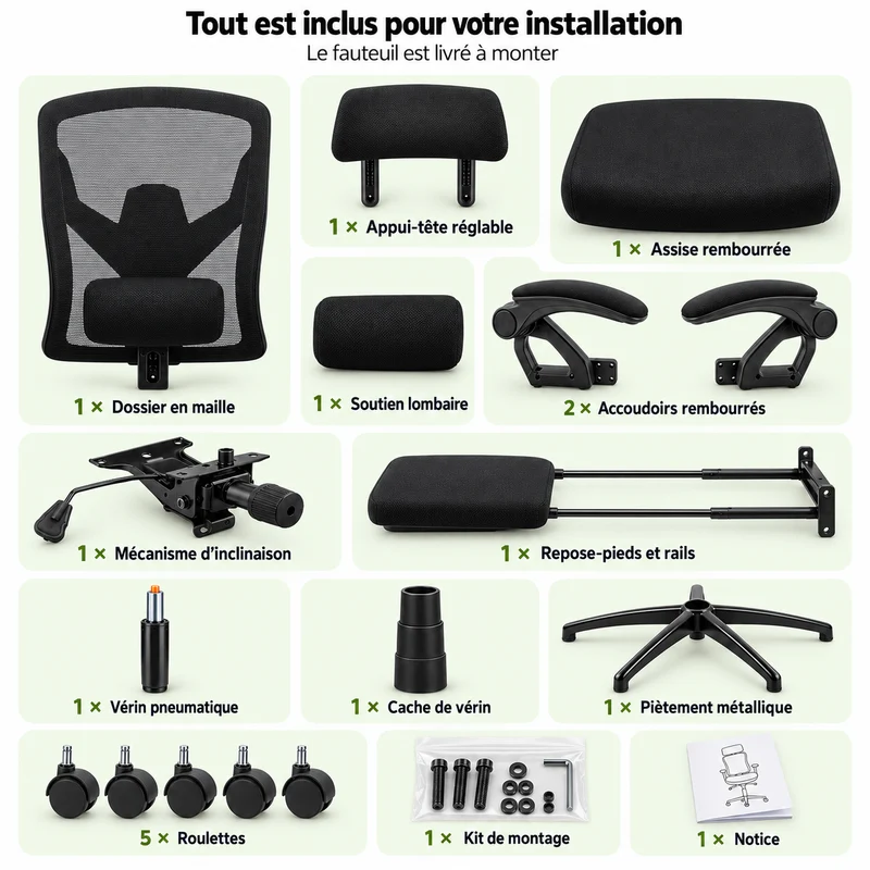 Fauteuil de bureau ergonomique inclinable 135° avec repose-pieds