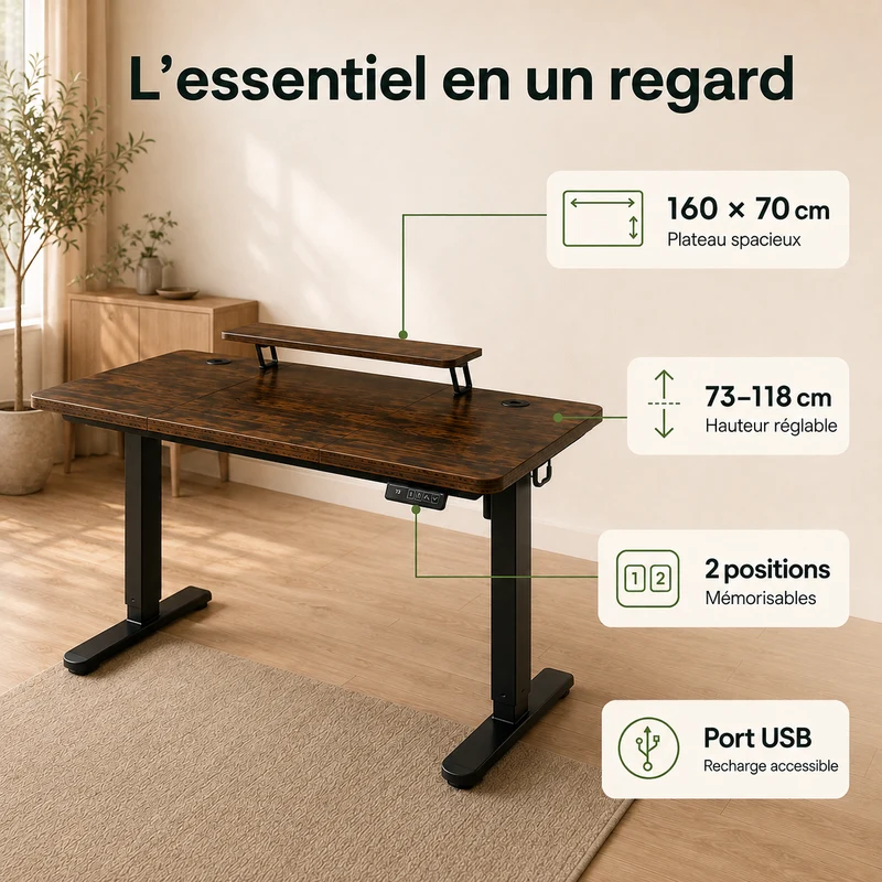 Bureau assis-debout électrique 160 × 70 cm avec support écran
