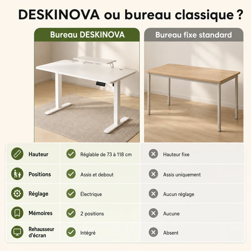 Bureau assis-debout électrique 160 × 70 cm avec support écran