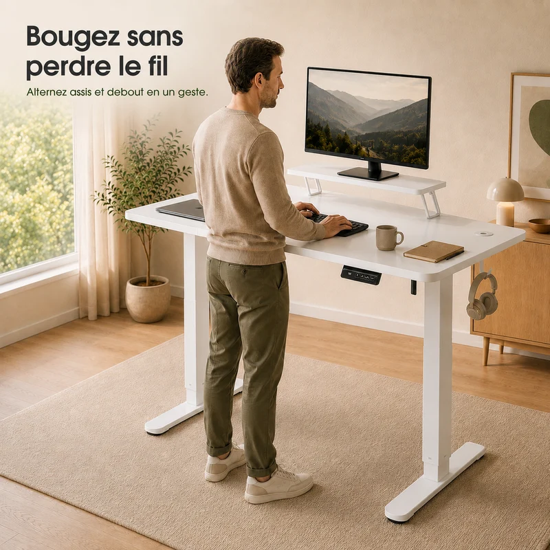 Bureau assis-debout électrique 160 × 70 cm avec support écran