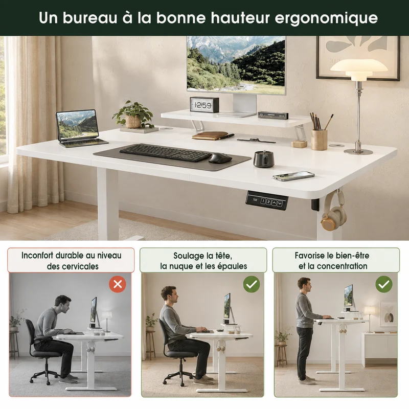 Bureau assis-debout électrique 160 × 70 cm avec support écran