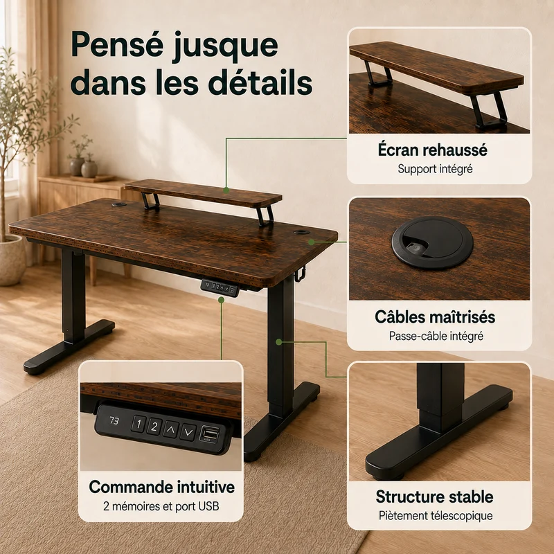 Bureau assis-debout électrique 160 × 70 cm avec support écran