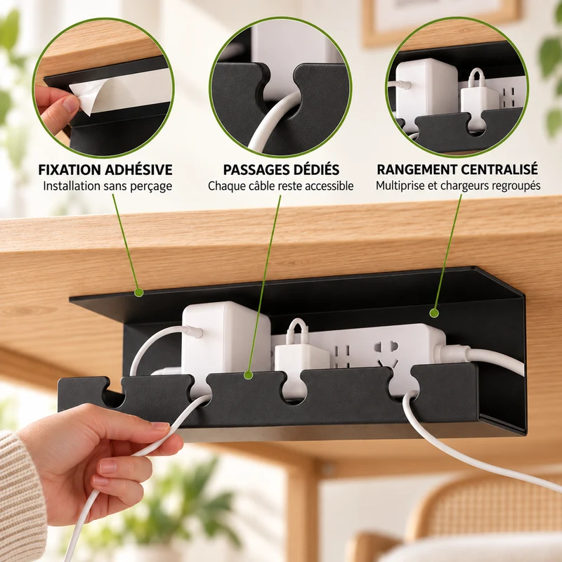 Organisateur de câbles sous bureau sans perçage – 40 cm