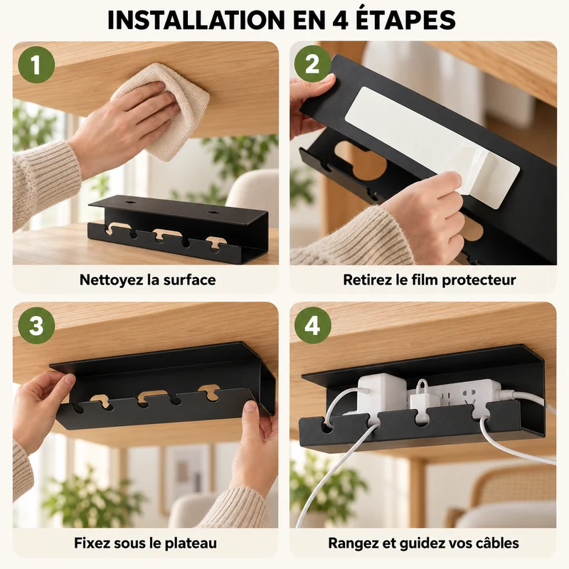 Organisateur de câbles sous bureau sans perçage – 40 cm