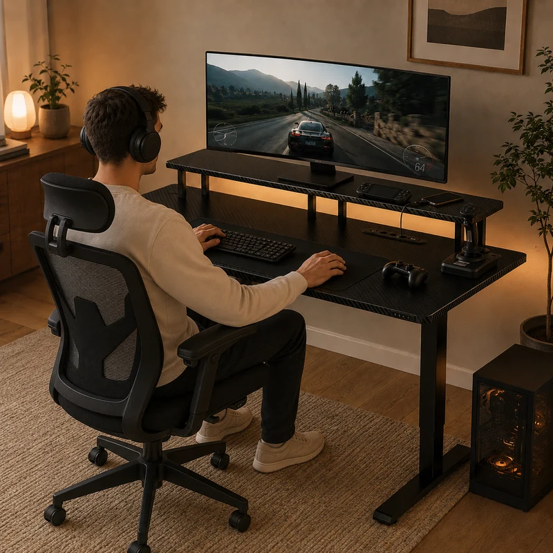 Bureau gaming assis-debout électrique — Prise intégrée & Programmable