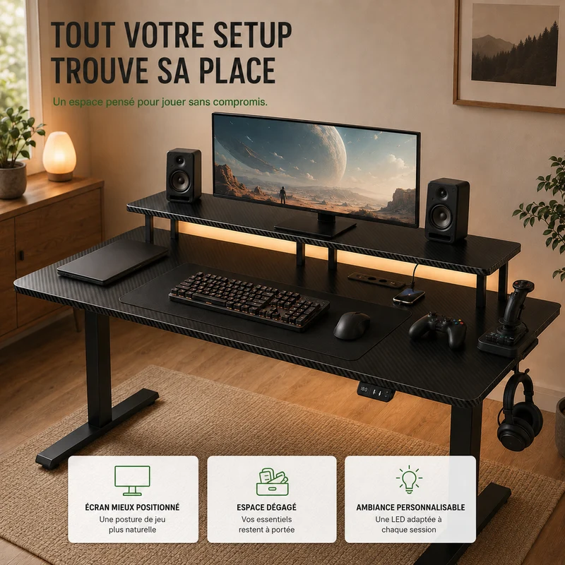 Bureau gaming assis-debout électrique — Prise intégrée & Programmable
