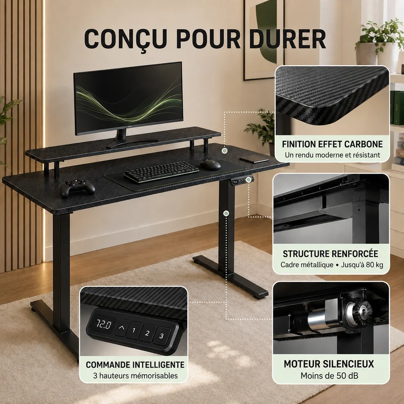 Bureau gaming assis-debout électrique — Prise intégrée & Programmable
