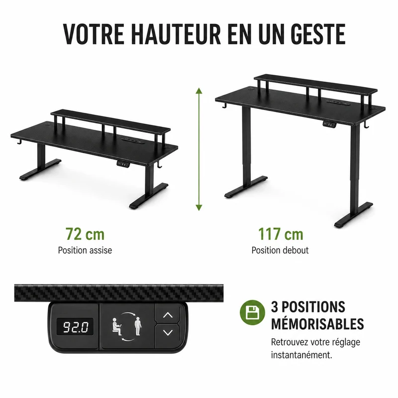 Bureau gaming assis-debout électrique — Prise intégrée & Programmable