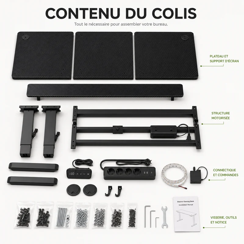 Bureau gaming assis-debout électrique — Prise intégrée & Programmable