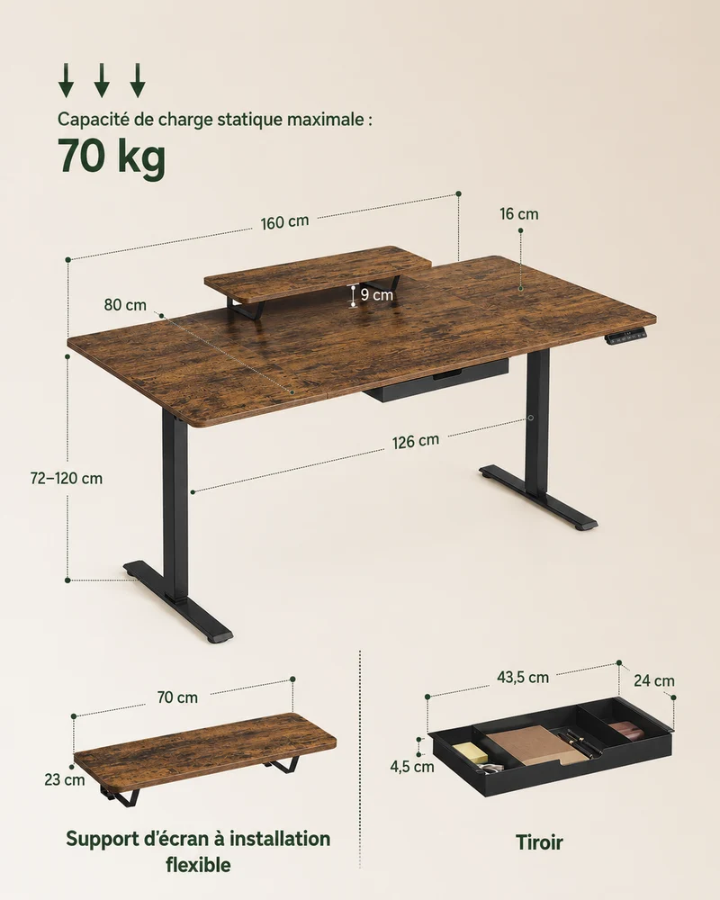 Bureau Assis-Debout Électrique 160x80 cm avec Tiroir & Support Écran
