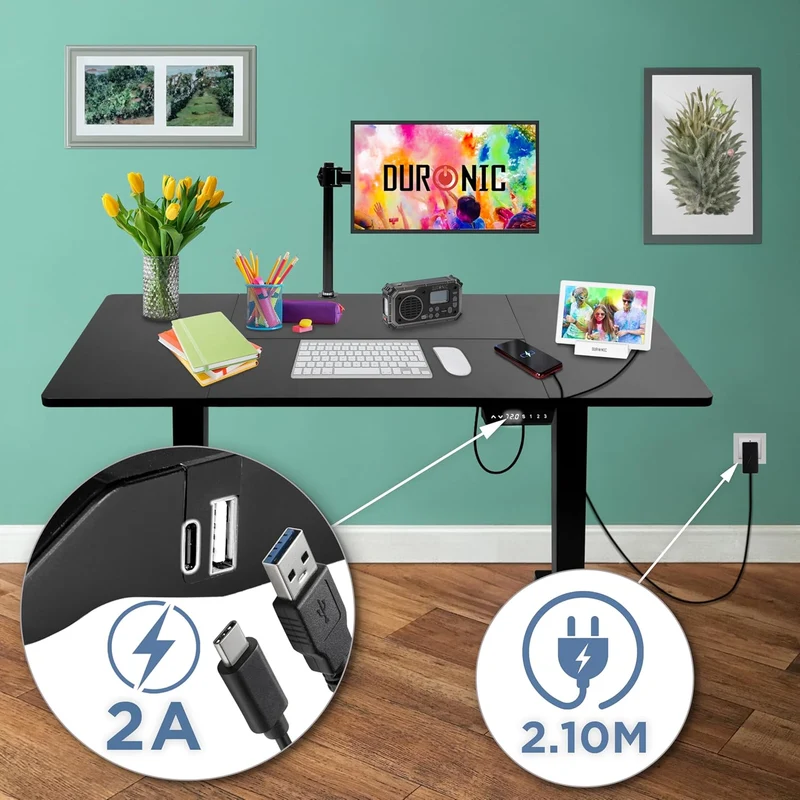 Duronic CD140 BK Bureau Assis-Debout électrique Complet avec Plateau de 140 cm Hauteur Ajustable de 72 à 118 cm Charge maximale de 70 kg Poste Travail Assis Debout Domicile télétravail Bureau
