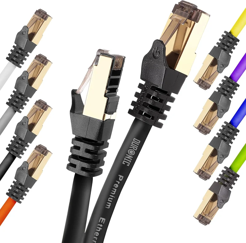 Duronic Câble Ethernet CAT8 BK 0,5M 2Ghz 2000MHz Vitesse 40Gbps S/FTP Câbles réseaux LAN internet network RJ45 blindés Haute Bande passante et transmission des données rapides Connecteurs or
