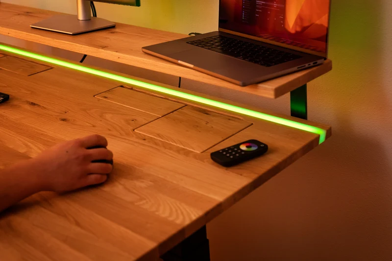 Walnut desk top with epoxy LED light and cable management unit