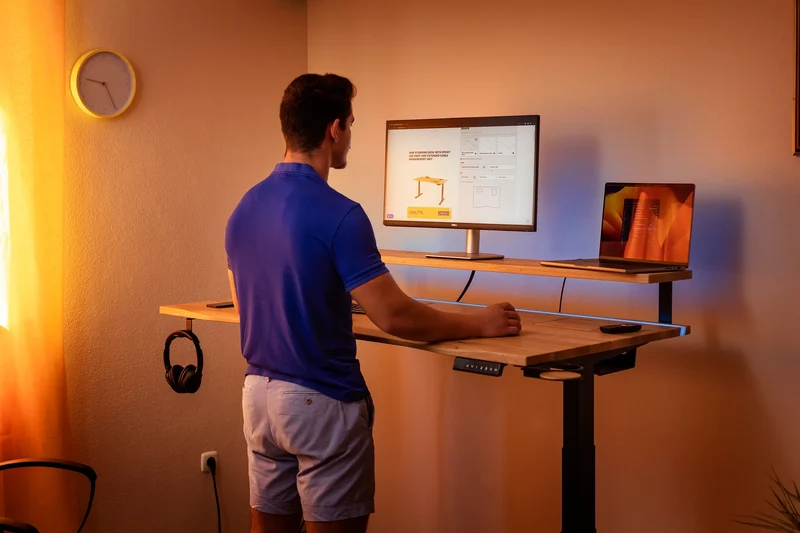 Walnut standing desk with extended cable management unit