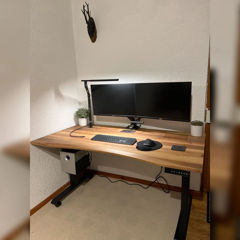 Walnut standing desk with extended cable management unit