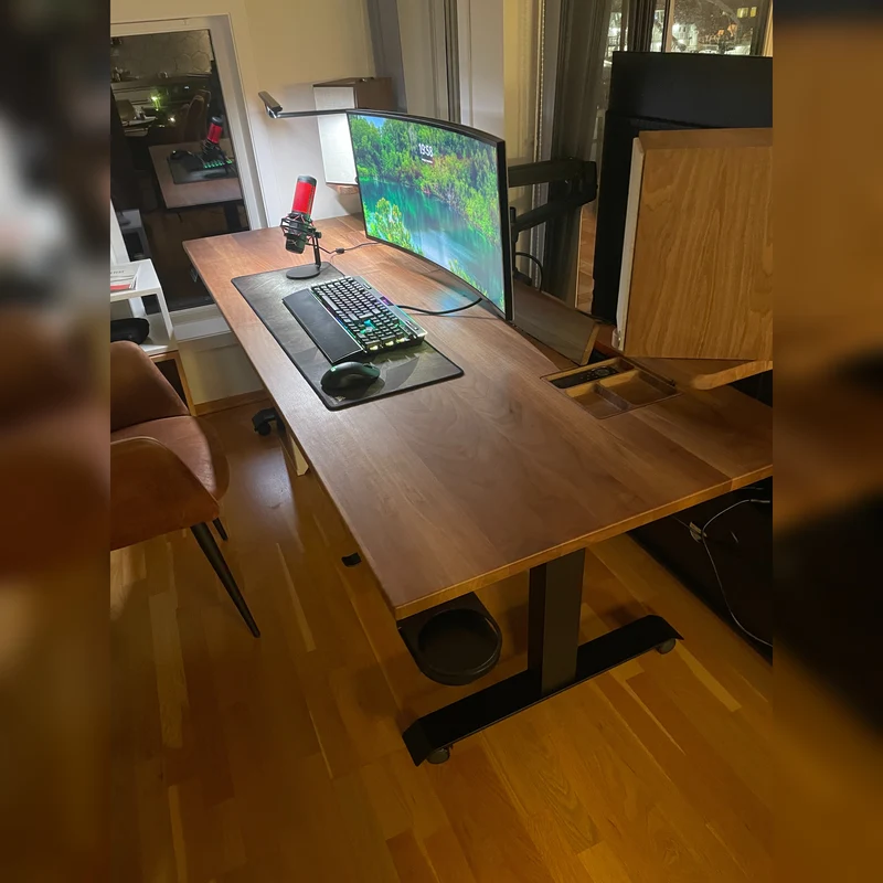 Walnut standing desk with extended cable management unit