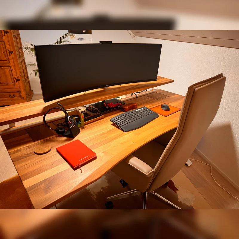 Walnut standing desk with extended cable management unit