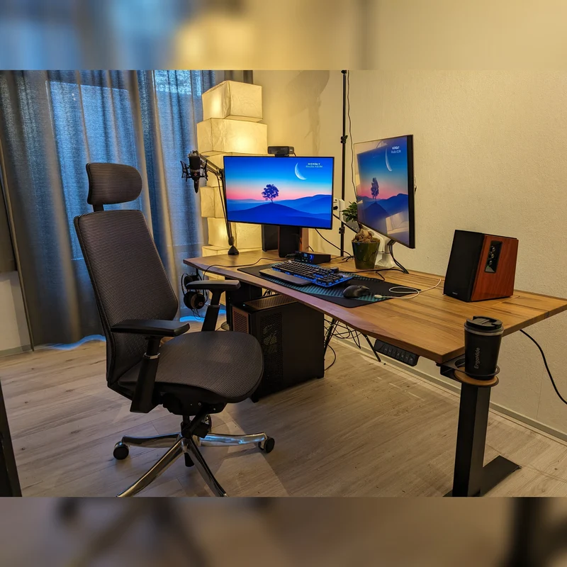Walnut standing desk with extended cable management unit