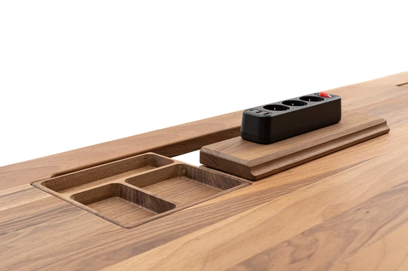 Walnut desk top with cable management unit
