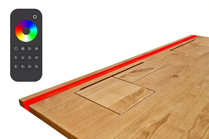 Oak desk with epoxy LED light and extended cable management unit