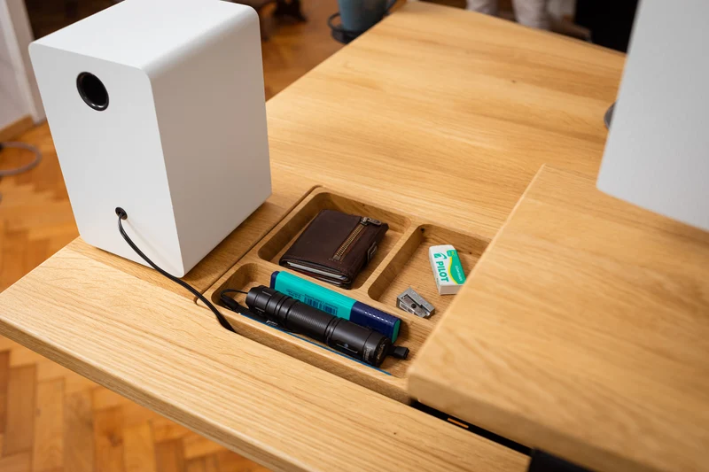 Oak desk with epoxy LED light and extended cable management unit