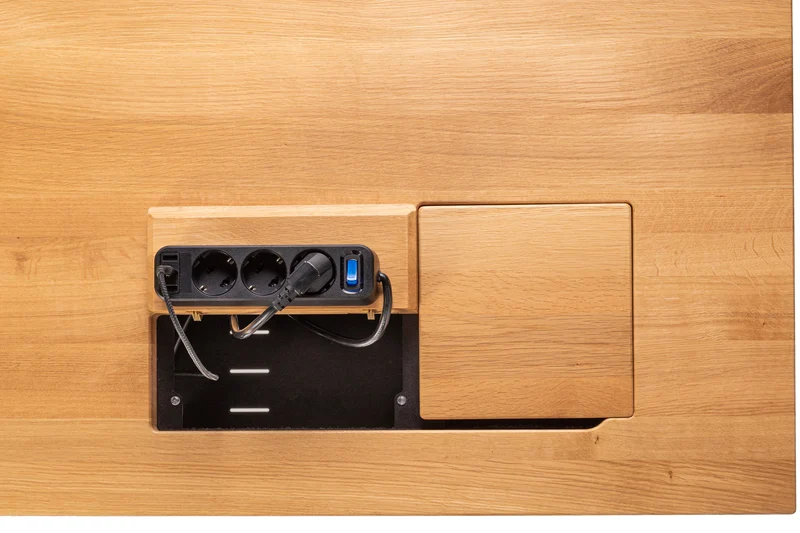 Oak desk with epoxy LED light and extended cable management unit