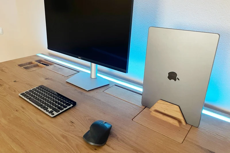 Oak desk with epoxy LED light and cable management unit