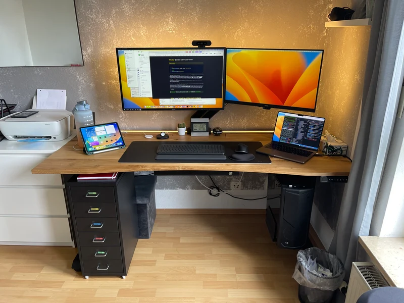 Oak desk with epoxy LED light and cable management unit