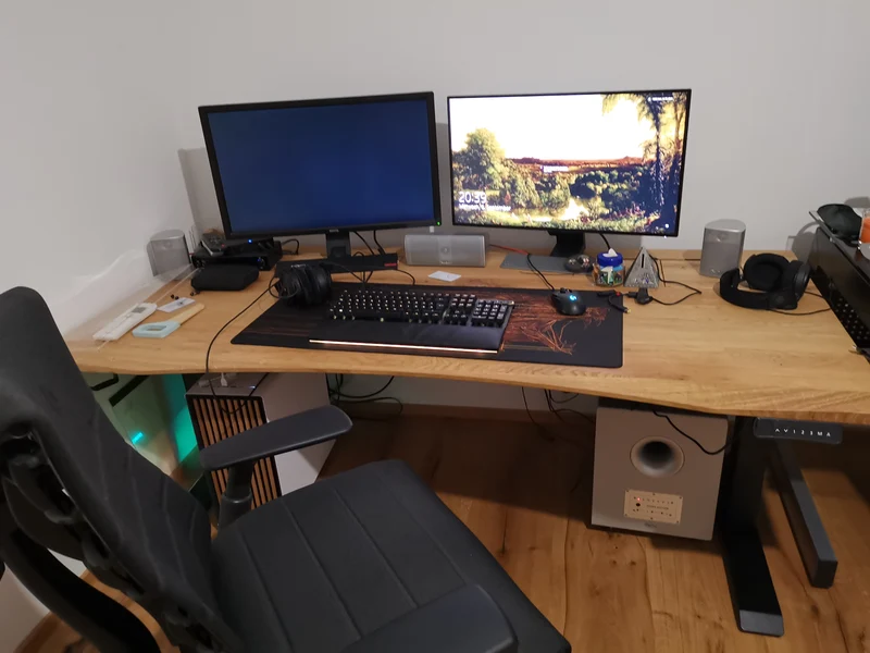 Oak desk with epoxy LED light and cable management unit