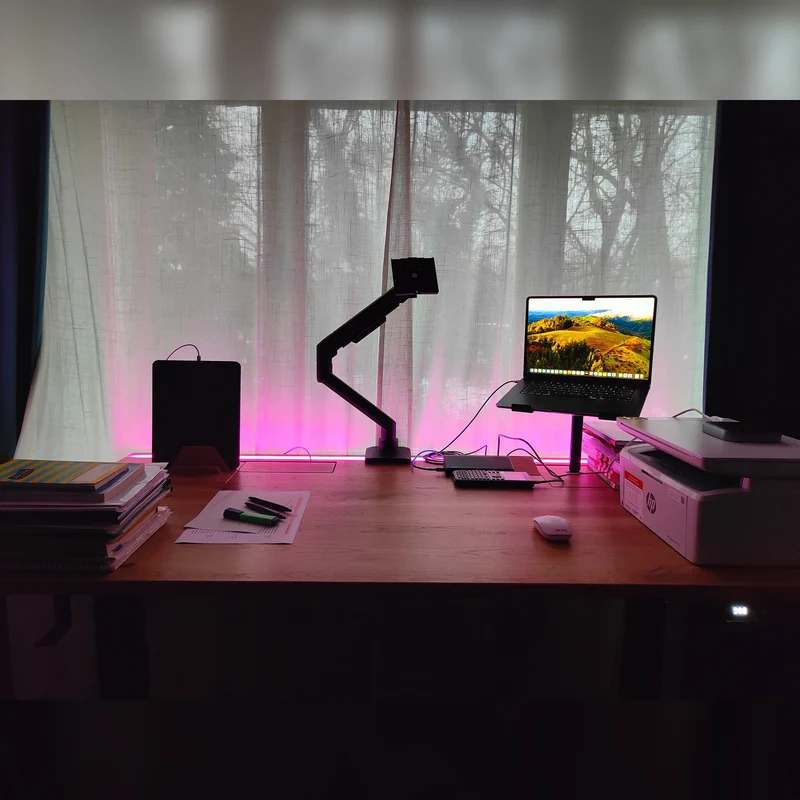 Oak standing desk with epoxy LED light