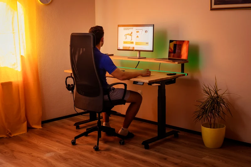 Oak standing desk with epoxy LED light and cable management unit
