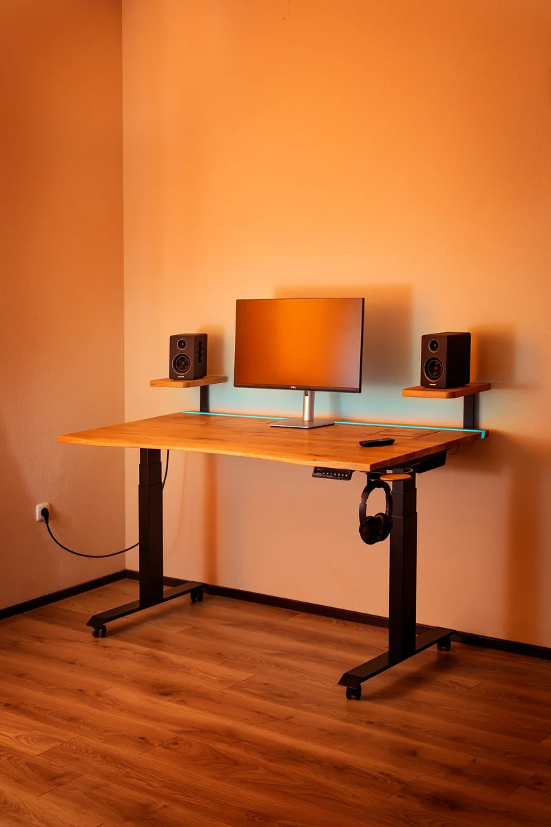 Oak standing desk with epoxy LED light and cable management unit