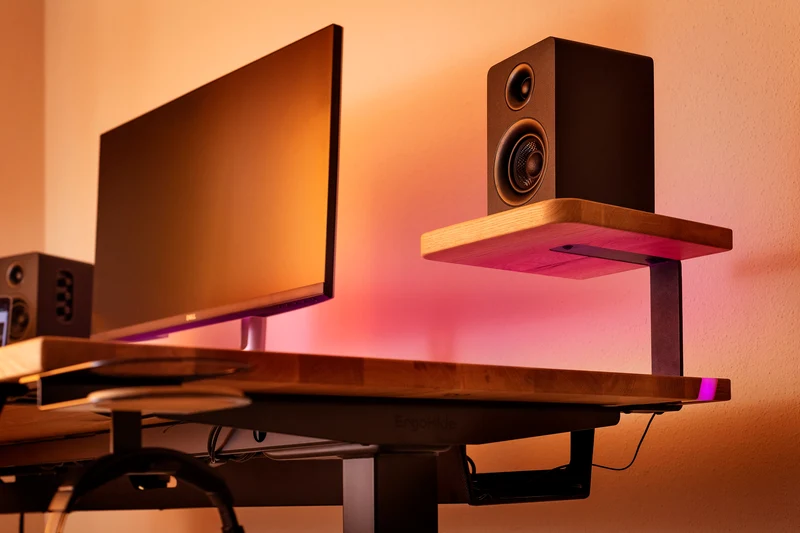 Oak standing desk with epoxy LED light and cable management unit