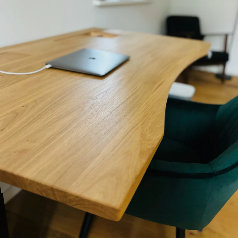 Oak standing desk with epoxy LED light and cable management unit