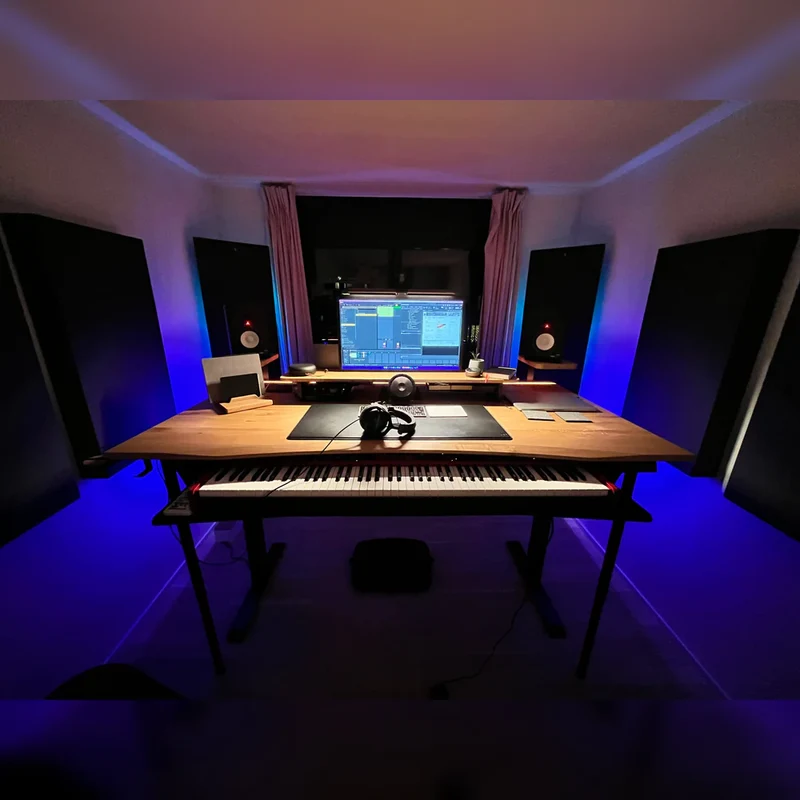 Oak standing desk with epoxy LED light and cable management unit