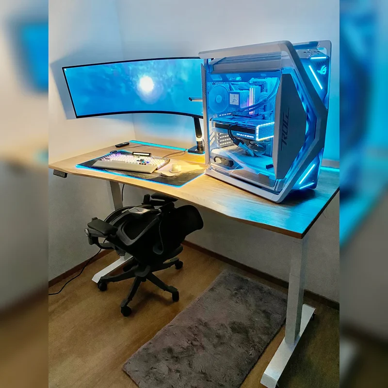 Oak standing desk with epoxy LED light and cable management unit
