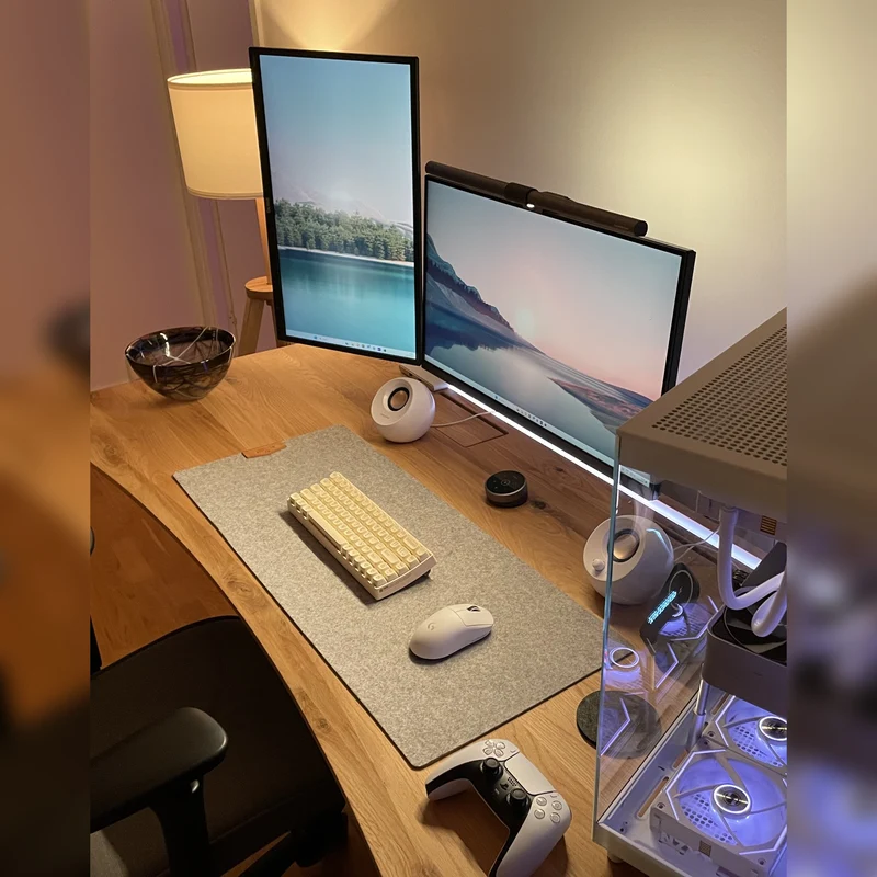 Oak standing desk with epoxy LED light and cable management unit