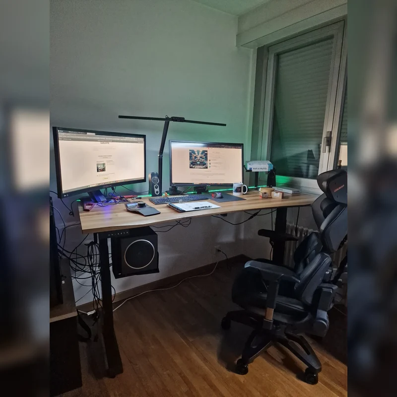 Oak standing desk with epoxy LED light and cable management unit