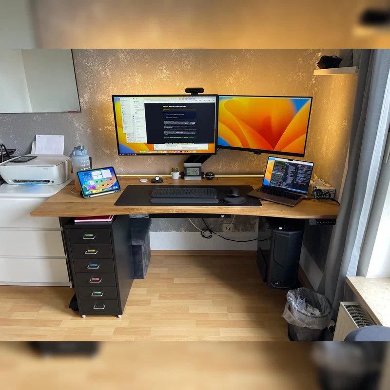 Oak standing desk with epoxy LED light and cable management unit