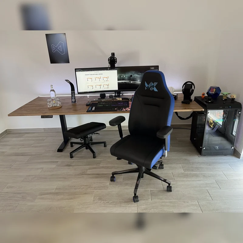 Oak standing desk with epoxy LED light and cable management unit